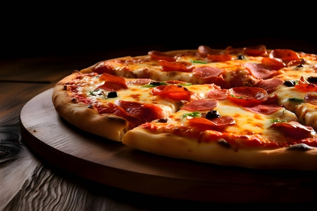 Photo de pizza sur une planche de bois et vue de côté de table fond noir