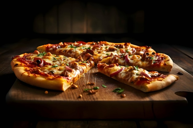 Photo de pizza sur une planche de bois et vue de côté de table fond noir