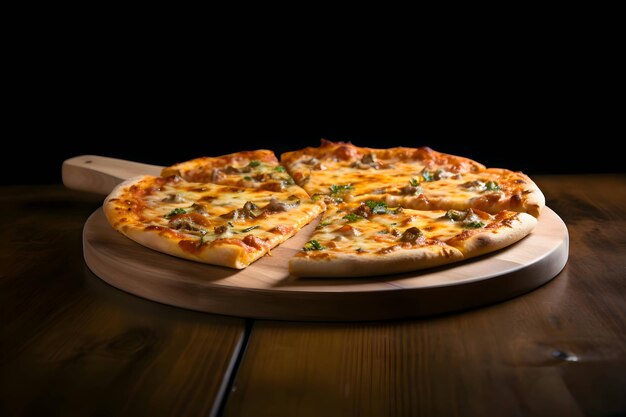 Photo de pizza sur une planche de bois et vue de côté de table fond noir