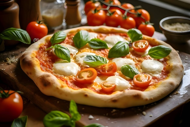 Photo de pizza sur une planche de bois et vue de côté de table