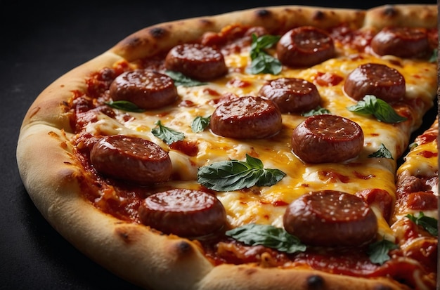 Photo d'une pizza à la saucisse brûlante sur une surface noire