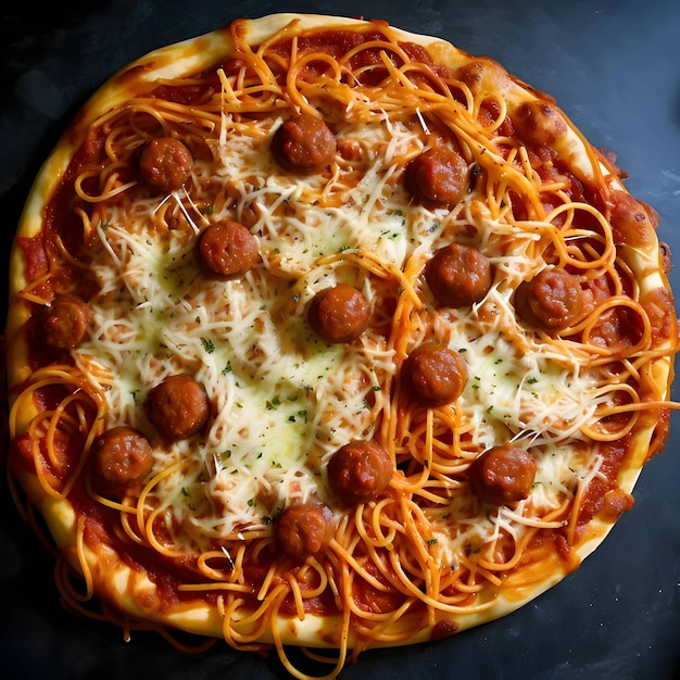 Photo de pizza avec spaghetti sur planche de bois et vue de dessus de table