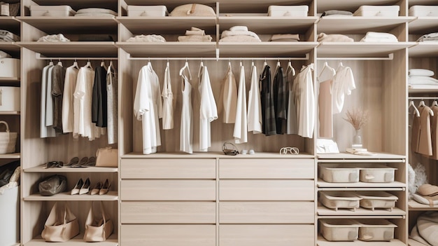 Une photo d'un placard organisé avec des solutions de garde-robe et de stockage minimalistes