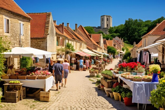 Photo photo de la place du village avec son marché animé et son histoire