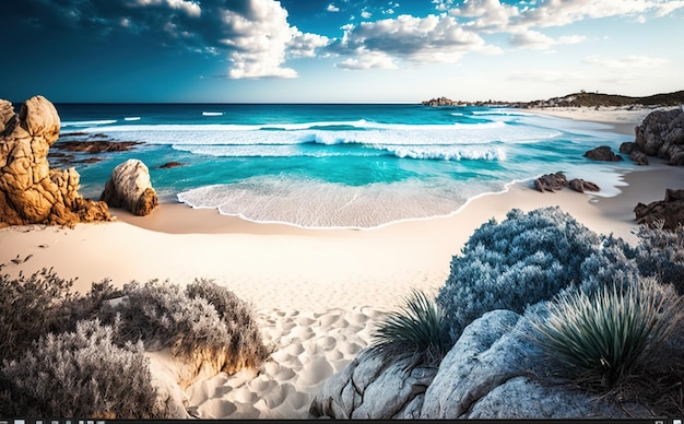 Une photo d'une plage avec un ciel bleu et des nuages.