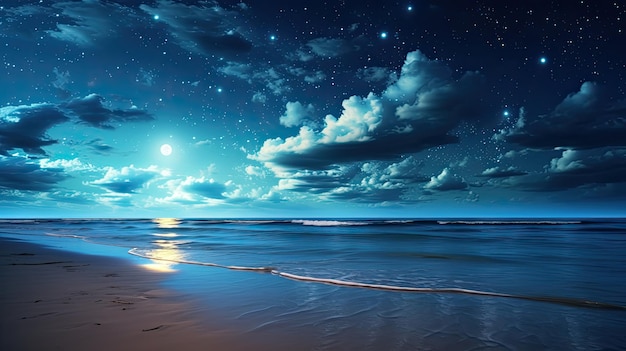Une photo d'une plage avec un ciel nocturne clair et un clair de lune doux