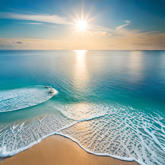 Une photo d'une plage avec un coucher de soleil sur l'océan.