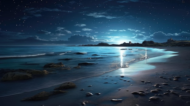 Une photo d'une plage avec du plancton bioluminescent la nuit au clair de lune