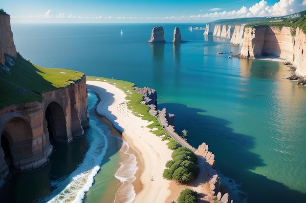 Une photo d'une plage avec une falaise en arrière-plan