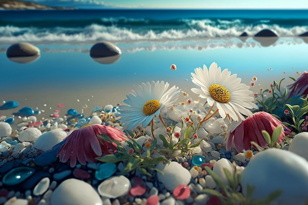 Une photo d'une plage avec des fleurs dessus