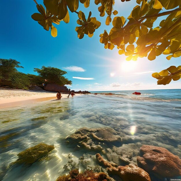 Photo une photo d'une plage avec un homme dans l'eau et un bateau dans l' eau