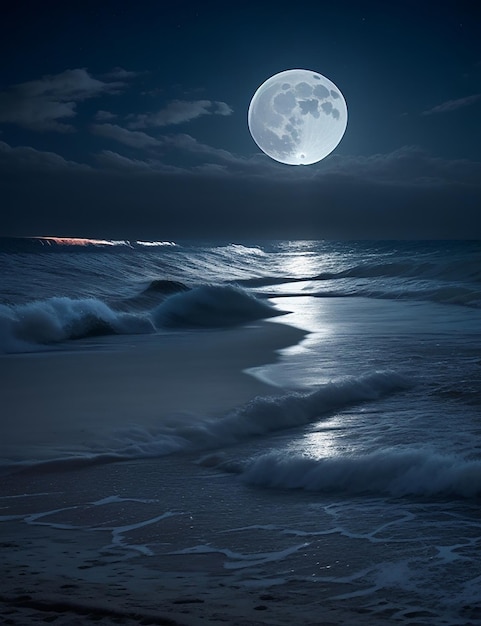 Photo d'une plage la nuit avec une pleine lune dans le ciel