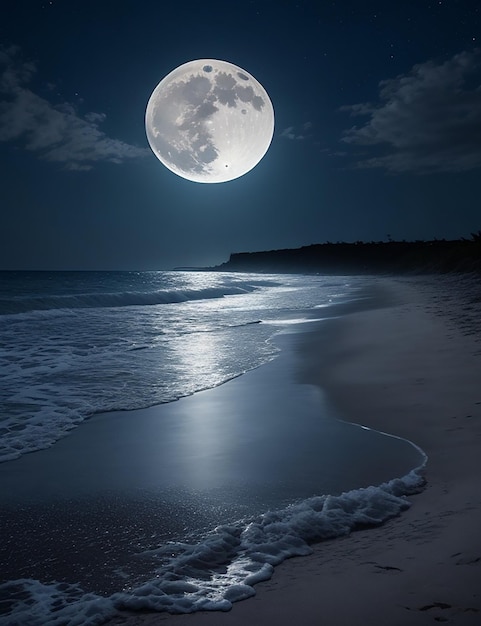 Photo d'une plage la nuit avec une pleine lune dans le ciel