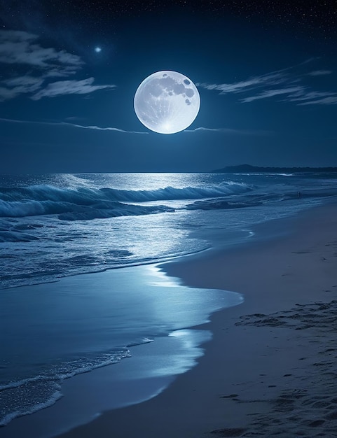 Photo d'une plage la nuit avec une pleine lune dans le ciel