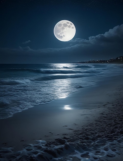 Photo d'une plage la nuit avec une pleine lune dans le ciel