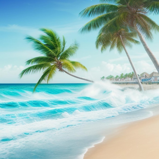 une photo d'une plage avec des palmiers et l'océan en arrière-plan