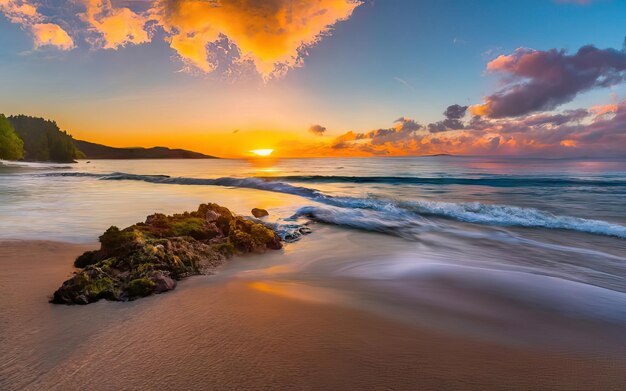 Photo de plage paradisiaque en journée avec coucher de soleil