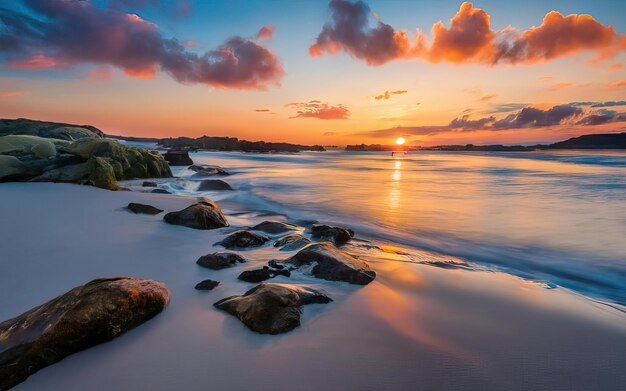 Photo de plage paradisiaque en journée avec coucher de soleil