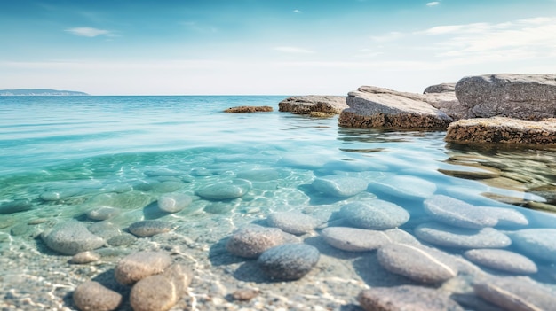 Une photo d'une plage avec des rochers et la mer en arrière-plan