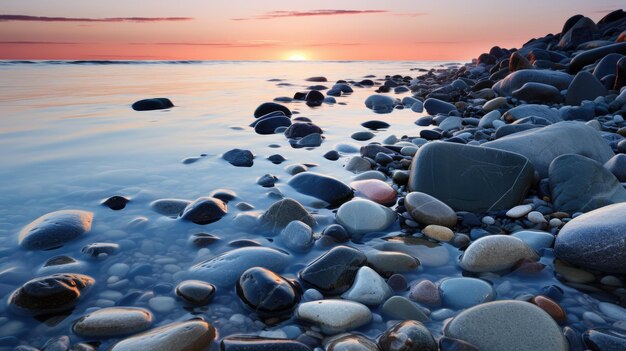 Une photo d'une plage rocheuse au coucher du soleil