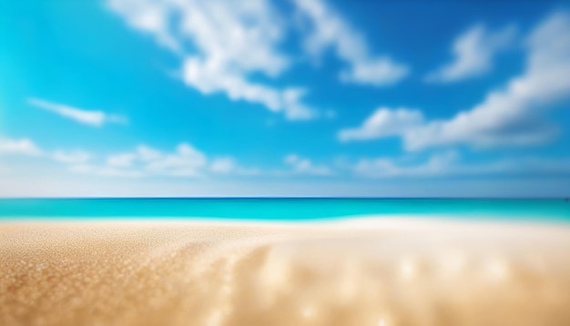 Photo plage tropicale défocalisée avec ciel bleu soleil nuages blancs sable doré et vagues en été