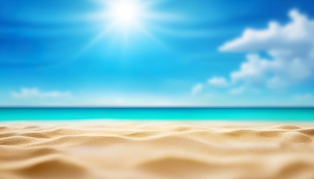 Photo plage tropicale défocalisée avec ciel bleu soleil nuages blancs sable doré et vagues en été