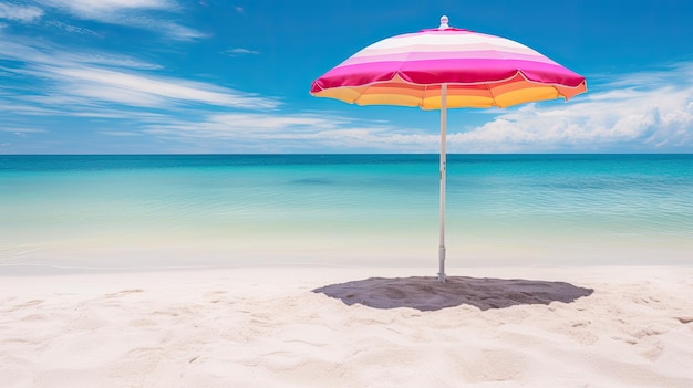 Photo une photo d'une plage tropicale avec un parapluie coloré de sable blanc