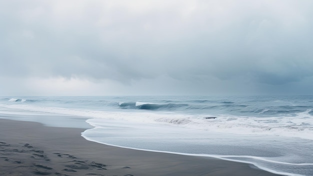 Une photo d'une plage avec des vagues déferlant sur le ciel nuageux