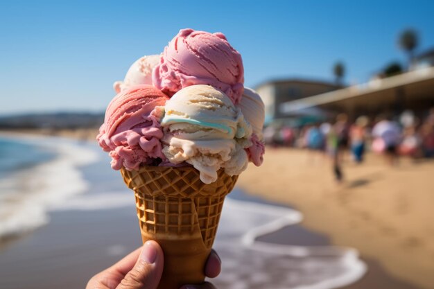 Photo une photo de plage vibrante avec une crème glacée, des vibrations ensoleillées et de la joie de l'été.