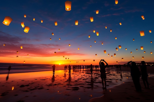 Une photo de plageurs lâchant des lanternes dans le ciel