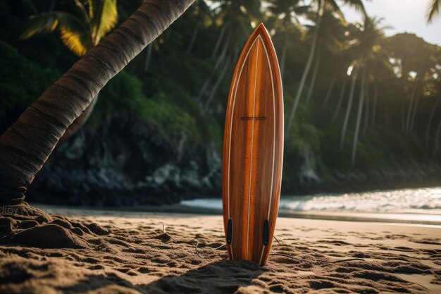 Photo d'une planche de surf en bois classique sur une plage AI générative