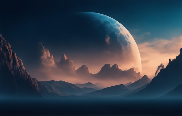 Photo Planète extraterrestre fantastique Montagne et ciel avec nuages Illustration 3D