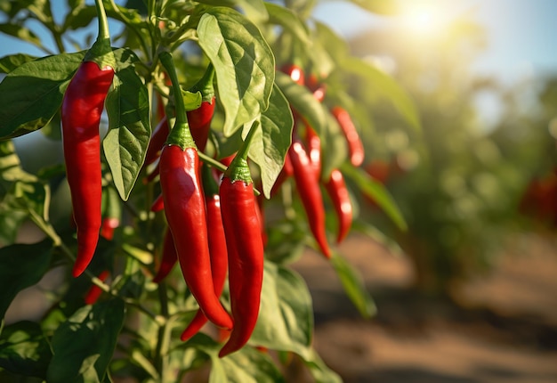 Photo d'une plante de piment rouge avec des frissons rouges mûrs, ferme de plantation agricole de piment