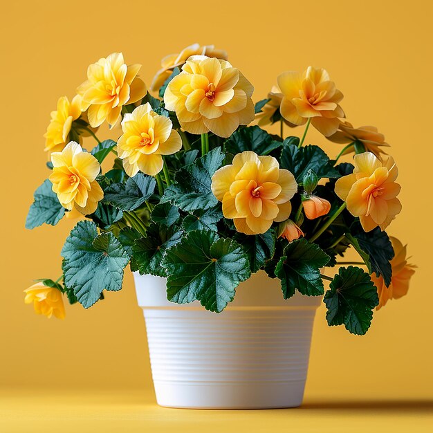 Photo photo de plantes d'intérieur begonia spp dans un pot blanc sur un fond jaune isolé