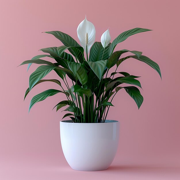 Photo de plantes d'intérieur Lily de la Paix dans un pot blanc sur fond rose