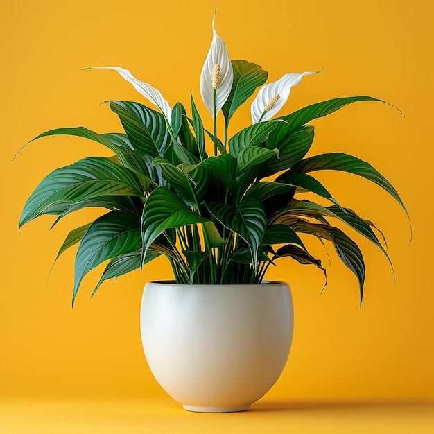 Photo de plantes d'intérieur Peace Lily Spathiphyllum dans un pot blanc sur un fond jaune isolé