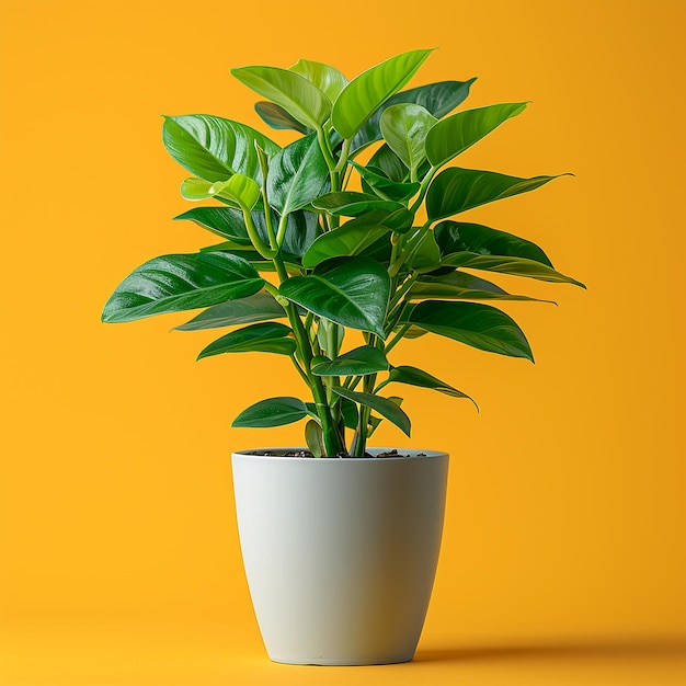 Photo de plantes d'intérieur Philodendron Philodendlon hederaceum dans un pot blanc sur un arrière-plan jaune isolé