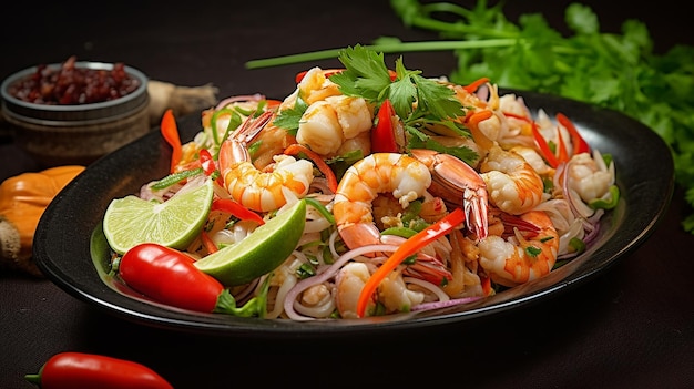 Photo d'un plat de crevettes avec du riz aux fruits de mer et des plats de restaurant
