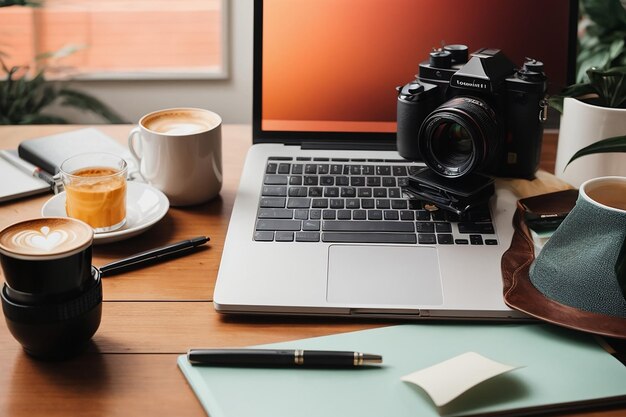 Photo photo plate créative d'un bureau de l'espace de travail avec un ordinateur portable, du café, du papier blanc et une caméra de film avec un fond d'espace de copie de style minimal