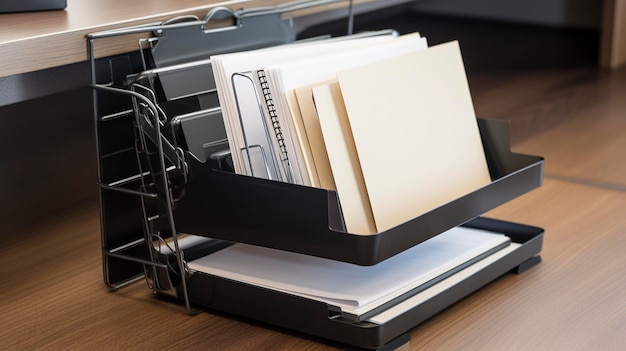 Une photo d'un plateau de documents élégant pour empiler et trier les papiers