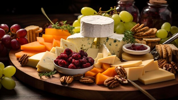 Une photo d'un plateau de fromages de restaurant avec un assortiment de fromages