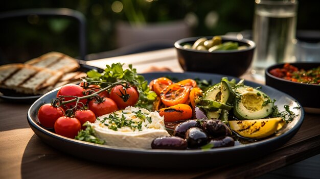 Une photo d'un plateau de mezze méditerranéen dans un récipient partagé