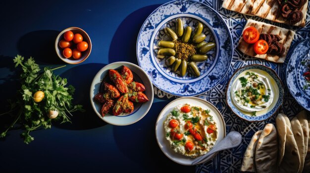 Photo une photo d'un plateau de mezze méditerranéen avec une nappe à motifs bleus et une lumière lumineuse du midi