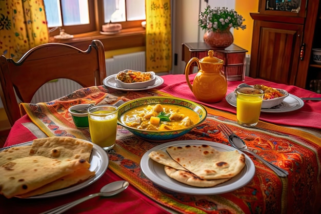 Photo de plats indiens préparés avec une assiette sur une table à manger dans des tons rouges