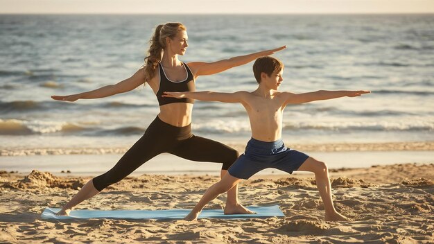 Photo une photo en plein air d'une belle femme européenne sportive et de son fils athlétique adolescent s'entraînant.