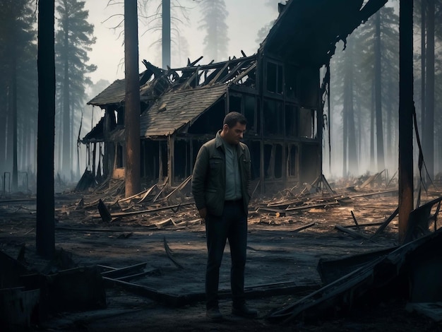 Photo en plein air d'une maison en feu avec un homme debout face à l'apocalypse