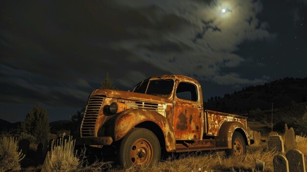 Photo en plein air d'un vieux camion Dodge abandonné et rouillé dans un cimetière sombre sur une colline au clair de lune