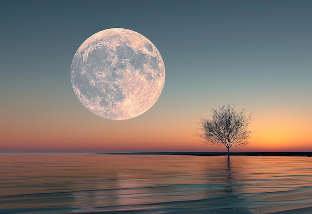 Photo photo de la pleine lune brille dans le ciel un arbre à l'arrière-plan nuit paysage papier peint pour pc