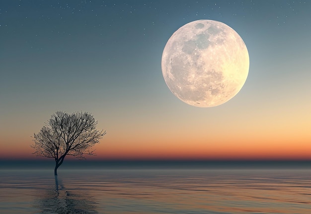 Photo photo de la pleine lune brille dans le ciel un arbre à l'arrière-plan nuit paysage papier peint pour pc