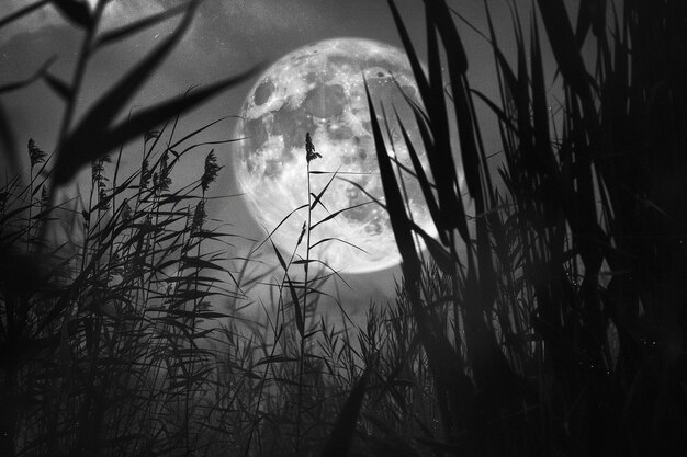 Photo photo de la pleine lune encadrée par de hautes herbes